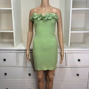 Green Ribbed Knit Strapless Ruffle Trim Mini Dress Womens M